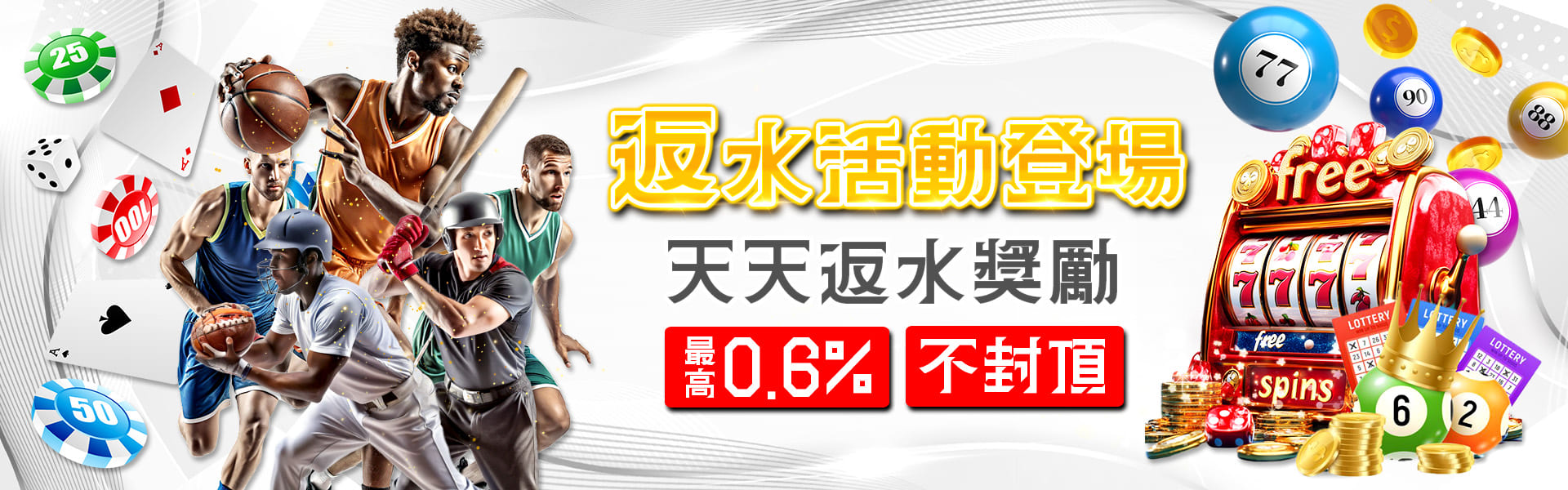 返水活動登場 天天返水獎勵 最高0.6% 不封頂 金鴻運娛樂城